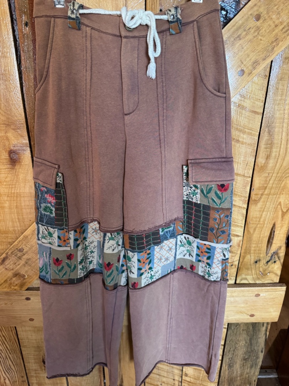 POL NWOT Patchwork Wide-Leg Drawstring Pants in Dusty Rose